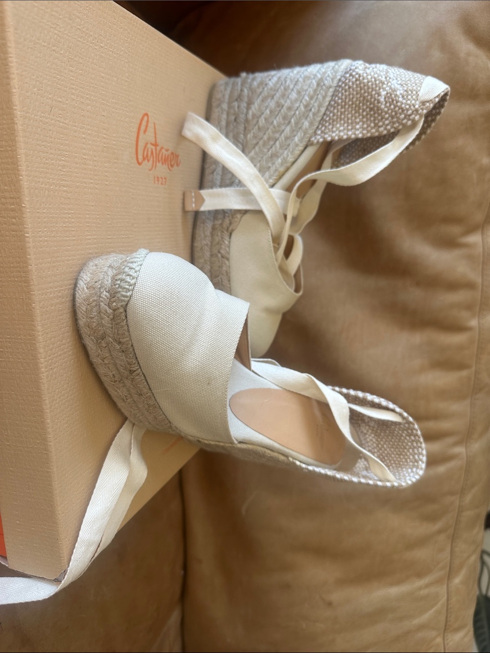 Castaner Cream Canvas Espadrille Wedge with Ankle Tie